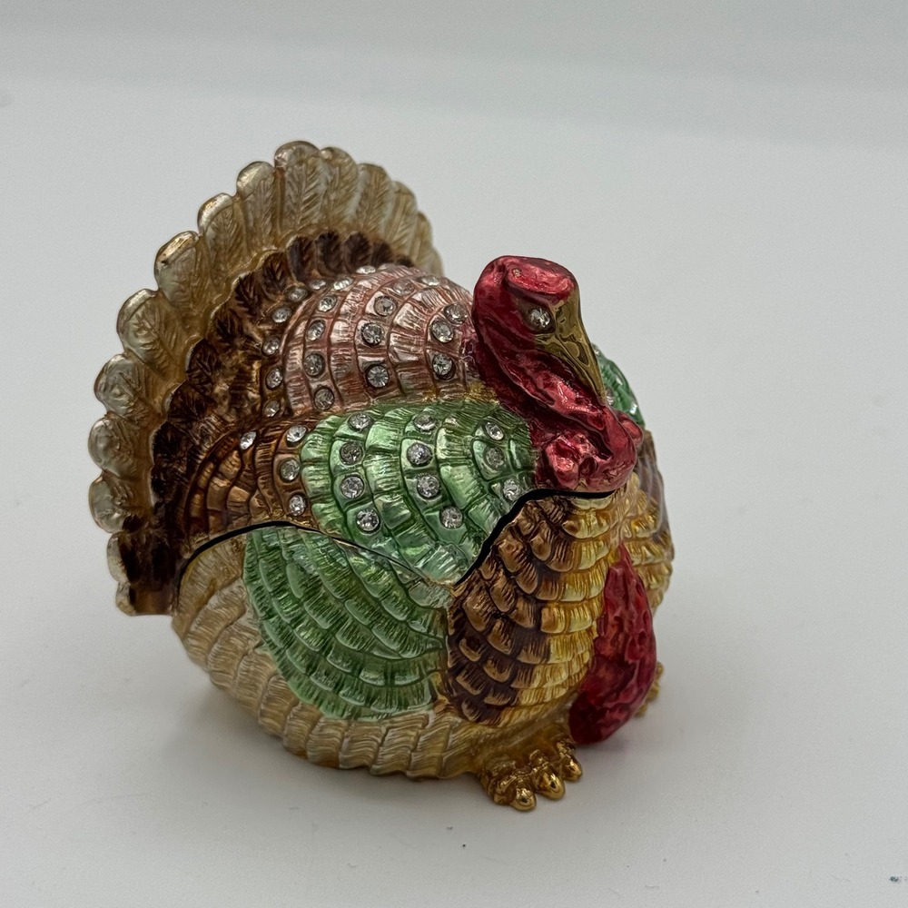 Work of Art Enameled Turkey Trinket Box Rhinestone Hinged Thanksgiving Decor